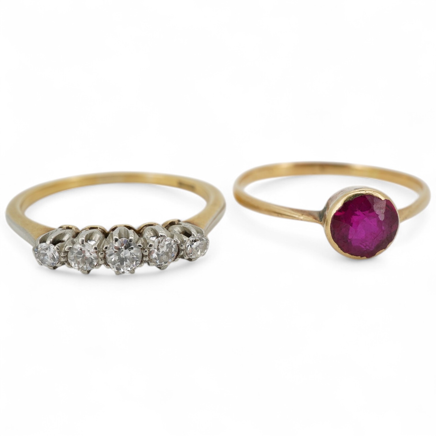 A synthetic ruby ring, mounted in gold, size R1/2; and a diamond five-stone ring totalling approximately 0.30 carats, size Q1/2, stamped 18CT